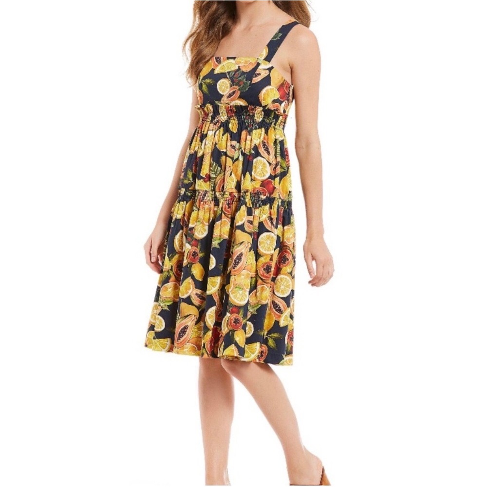 Gianni Bini Citrus Fruit Print Midi Dress M Smocked Tiered Mediterranean Italian